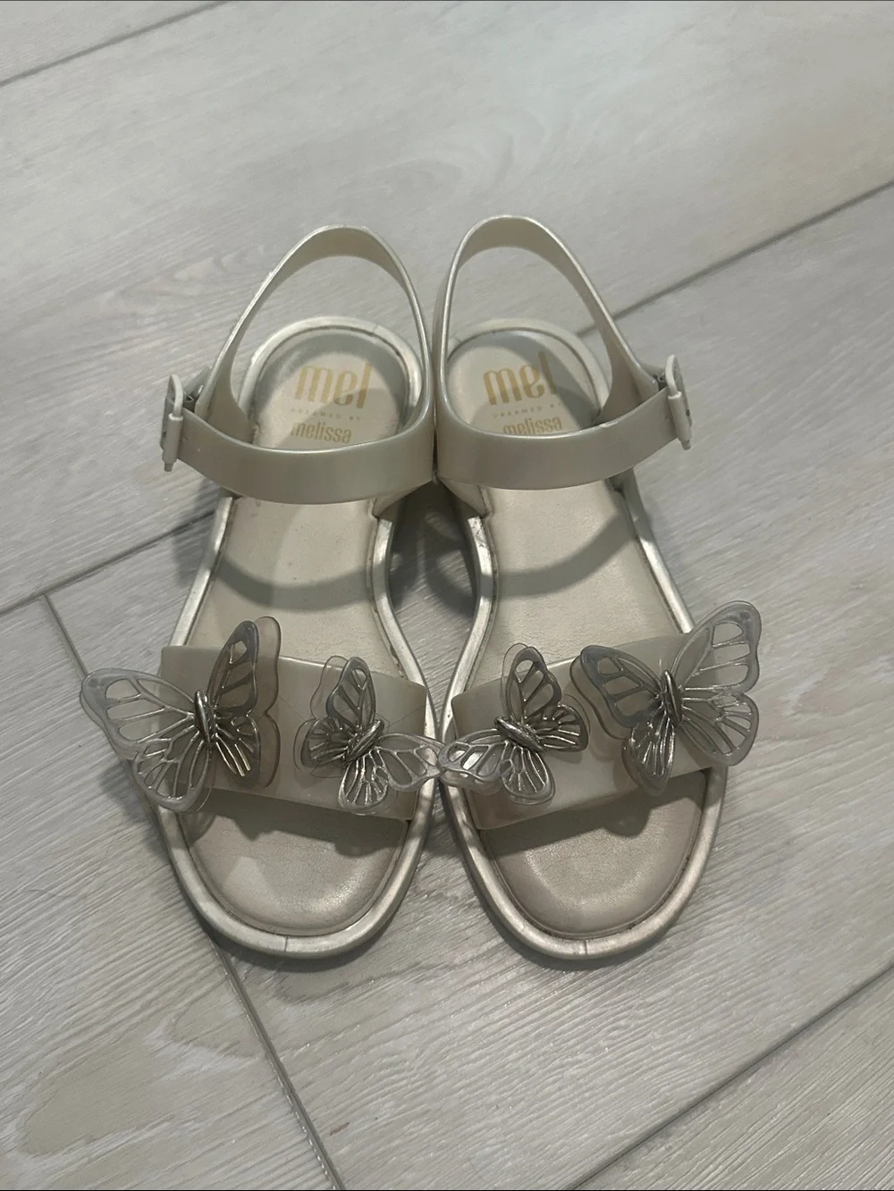 Mini Melissa Cream Girls Butterfly Sandals with Metallic Detail